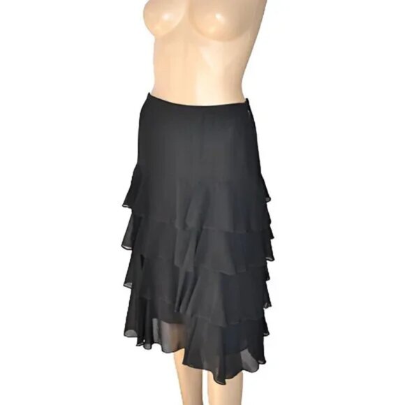 Sandra Darren Black Tiered Chiffon Ruffle Cocktail Party Holiday Dress Skirt M 6 - Picture 4 of 6